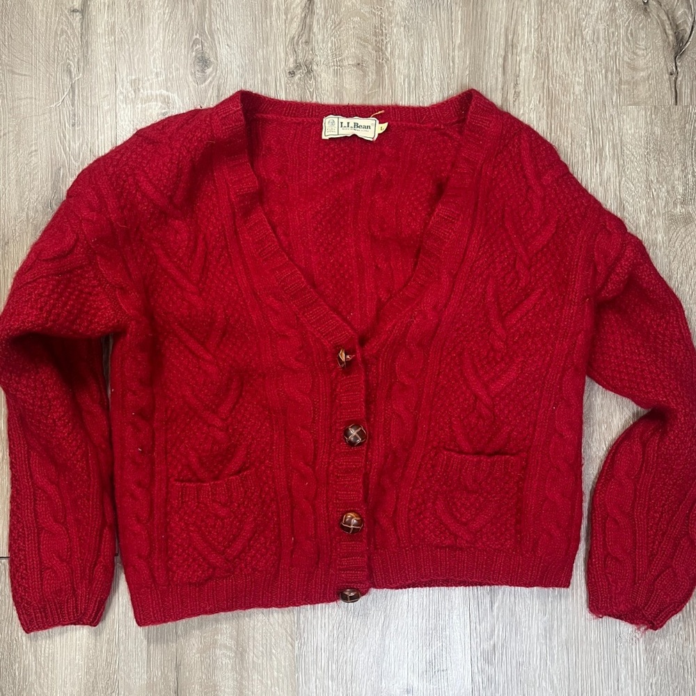L.L. Bean Deep Red Cable Knit Cardigan Size L